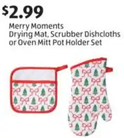 Aldi Merry Moments Drying Mat, Scrubber Dishcloths or Oven Mitt Pot Holder Set offer