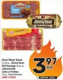 Albertsons Oscar Mayer Bacon: 12-18 oz. Jimmy Dean Roll Sausage: 16 oz. Johnsonville Links or Patties: 12 o offer