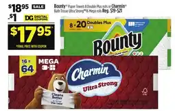 Dollar General Bounty Paper Towels 8 Double Plus rolls or Charmin Bath Tissue Ultra Strong 16 Mega rolls offer