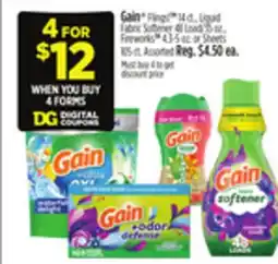 Dollar General Gain Flings! TM 14 ct., Liquid Fabric Softener 48 Load., Fireworks TM or Sheets 105 ct offer