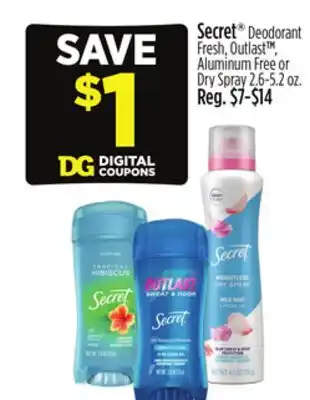 Dollar General Secret Deodorant Fresh, Outlast TM, Aluminum Free or Dry Spray offer