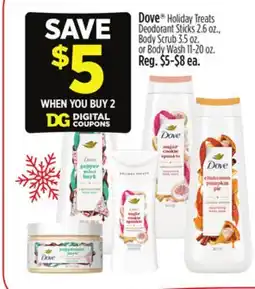 Dollar General Dove Holiday Treats Deodorant Stick, Body Scrub or Body Wash offer