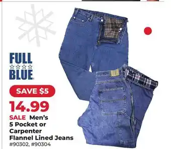 Runnings Men's 5 Pocket or Carpenter Flannel Lined Jeans offer