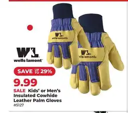 Runnings Kids' or Men's Insulated Cowhide Leather Palm Gloves offer