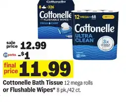 Meijer Cottonelle Bath Tissue 12 mega rolls or Flushable Wipes* 8 pk./42 ct offer