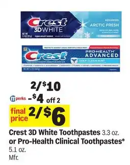 Meijer Crest 3D White Toothpastes 3.3 oz. or Pro-Health Clinical Toothpastes* 5.1 oz offer