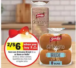 Meijer Sara Lee Artesano Bread 20 oz. or Buns or Rolls offer