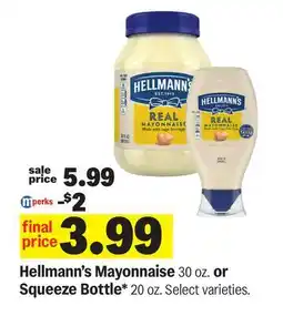 Meijer Hellmann's Mayonnaise 30 oz. or Squeeze Bottle* 20 oz offer