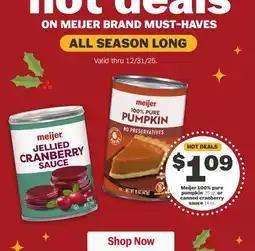 Meijer Meijer 100% pure pumpkin 15 oz. or canned cranberry sauce 14oz offer