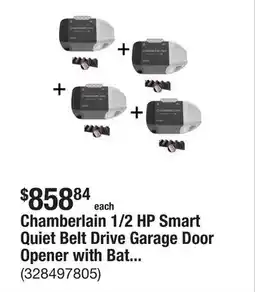 The Home Depot Chamberlain 1/2 HP Smart Quiet Belt Drive Garage Door Opener with Battery Backup (4-Pack) offer