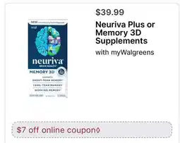 Walgreens Neuriva Plus or Memory 3D Supplements offer