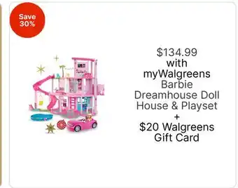 Walgreens Barbie Dreamhouse Doll House & Playset + $20 Walgreens Card offer
