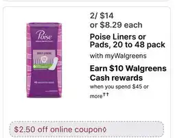 Walgreens Poise Liners or Pads, 20 to 48 pack offer