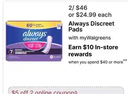 Walgreens Always Discreet Pads offer