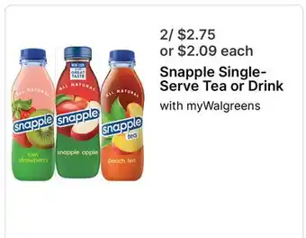 Walgreens Snapple Single-Serve Tea or Drink offer