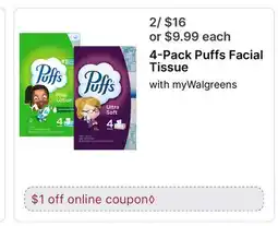 Walgreens 4-Pack Puffs Facial Tissue offer