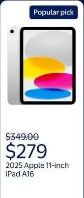 Walmart 2025 Apple 11-inch iPad A16 Wi-Fi 128GB - Silver offer