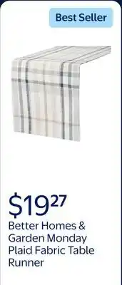 Walmart Better Homes & Garden Monday Plaid Fabric Table Runner, Beige offer