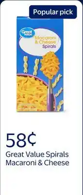 Walmart Great Value Spirals Macaroni & Cheese, 5.5 oz (Shelf Stable, Packaged Meal) offer