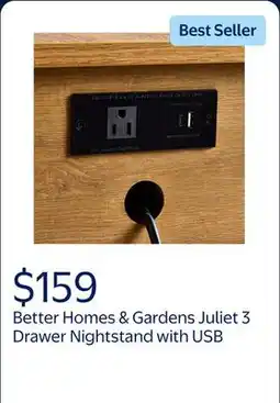 Walmart Better Homes & Gardens Juliet 3 Drawer Nightstand with USB, Light Honey offer