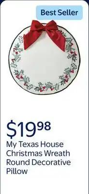 Walmart My Texas House 16 x 16 Bright White Christmas Wreath Round Decorative Pillow offer