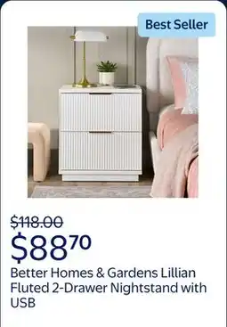 Walmart Better Homes & Gardens Lillian Fluted 2-Drawer Nightstand with USB, White Finish offer