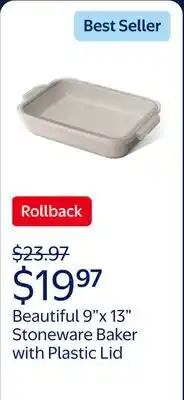 Walmart Beautiful 9x 13 Stoneware Baker with Plastic Lid, Porcini Taupe by Drew Barrymore offer