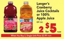 Vallarta Supermarkets Langer's Cranberry Juice Cocktails or 100% Apple Juice offer