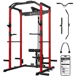 Walmart Mikolo Multi-Functional Squat Rack with LAT Pulldown System Exercise Power Cages, Metal Red offer