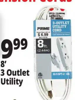 Ocean State Job Lot Prime 3 Outlet Utility Extension Cord 8' offer