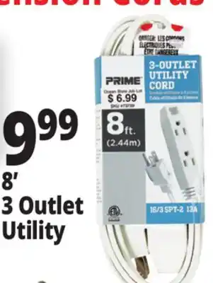 Ocean State Job Lot Prime 3 Outlet Utility Extension Cord 8' offer