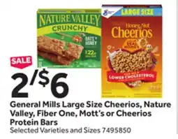Stop&Shop General Mills Large Size Cheerios, Nature Valley, Fiber One, Mott's or Cheerios Protein Bars offer