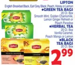 Bravo Supermarkets LIPTON English Breakfast Black, Earl Grey Black Peach, Honey or Lemon • GREEN TEA BAGS 20 Ct. Box offer