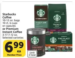 Vons Starbucks Coffee 10-12 oz., bags 10 ct. k-cups or capsules or Premium Instant Coffee 3.17-7.12 oz offer