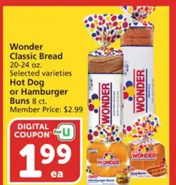 Albertsons Wonder Classic Bread 20-24 oz. Hot Dog or Hamburger Buns 8 ct offer