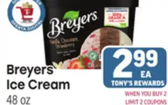 Tony’s Fresh Market Breyers Ice Cream offer