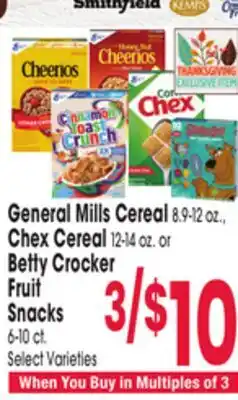 Jewel-Osco General Mills Cereal 8.9-12 oz., Chex Cereal 12-14 oz. or Betty Crocker Fruit Snacks 6-10 ct offer