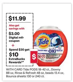 CVS Tide PODS 18-42 ct., Downy 88 oz, Rinse & Refresh 48 oz, beads 13.4 oz, Bounce sheets 130 or 240 ct offer