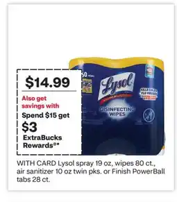 CVS Lysol spray 19 oz, wipes 80 ct., air sanitizer 10 oz twin pks. or Finish PowerBall tabs 28 ct offer