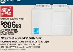 The Home Depot GE APPLIANCES 4.6 cu. ft. HE Washer & 7.2 cu. ft. Dryer offer