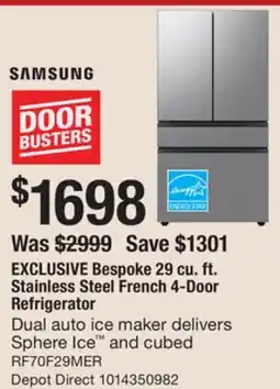 The Home Depot Samsung Bespoke 29 cu. ft. Stainless Steel French 4-Door Refrigerator offer
