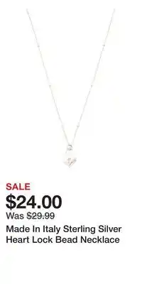 TJ Maxx Made In Italy Sterling Silver Heart Lock Bead Necklace offer