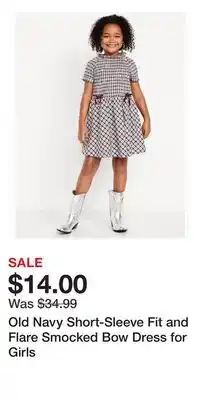 Old Navy Old Navy Short-Sleeve Fit and Flare Smocked Bow Dress for Girls offer