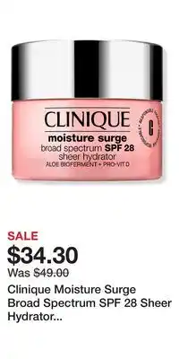Ulta Beauty Clinique Moisture Surge Broad Spectrum SPF 28 Sheer Hydrator Moisturizer offer