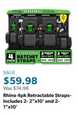 Sam's Club Rhino 4pk Retractable Straps- Includes 2- 2x10' and 2- 1x10' offer