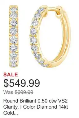Costco Round Brilliant 0.50 ctw VS2 Clarity, I Color Diamond 14kt Gold Hoop Earrings offer