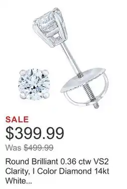 Costco Round Brilliant 0.36 ctw VS2 Clarity, I Color Diamond 14kt White Gold Stud Earrings offer