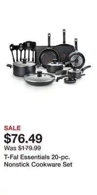 Kohl's T-Fal Essentials 20-pc. Nonstick Cookware Set offer