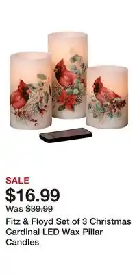 Kohl's Fitz & Floyd Set of 3 Christmas Cardinal LED Wax Pillar Candles offer