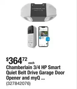 The Home Depot Chamberlain 3/4 HP Smart Quiet Belt Drive Garage Door Opener and myQ Video Keypad offer